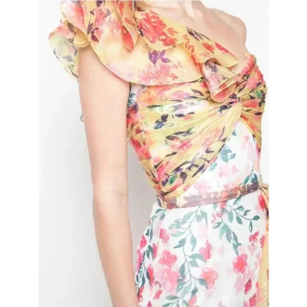 Marchesa Notte Colorblock Floral One-Shoulder Twisted Ruffle Dress Ivory Size 16 - Picture 6 of 13